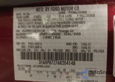 2006 Ford Fusion Se z USA, uszkodzony, nr VIN 3FAHP07Z76R204148